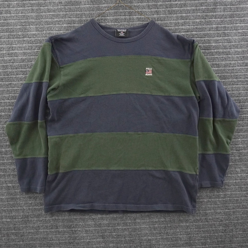Vintage Polo Jeans Co Ralph Lauren Shirt Mens L Navy Green Striped Long Sleeve